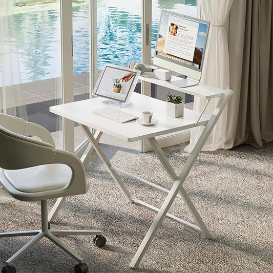 GreenForest No Assembly Folding Desk, 2-Tier Compact Computer Desk with Shelf, Space Saving Foldable Table for Home Office, Dorm or Apartment, Portable Collapsible Sturdy Laptop Desk, White
