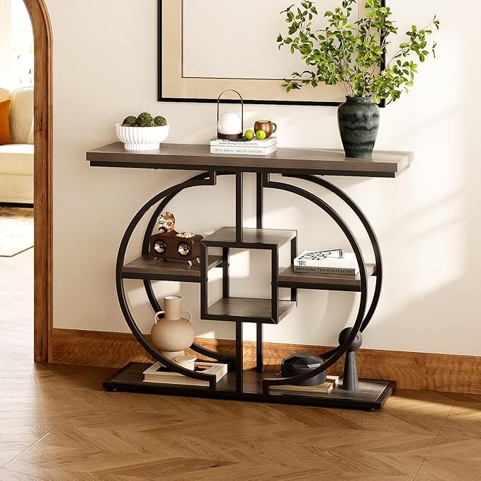 GiftGo Narrow Console Table for Entryway Industrial 4-Tier Sofa Table Behind Couch with Circle Base Rustic Wooden Accent Tables with Storage Shelves for Living Room, Hallway, Foyer (Grey)