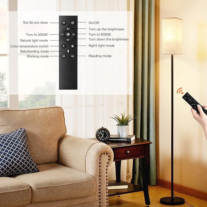 Ambimall 64'' Modern Floor Lamp with Remote, Tall Lamps for Living Room, Bedroom, Office, Dining Room, Beige Square Shade with Black Pole(Included Bulb)