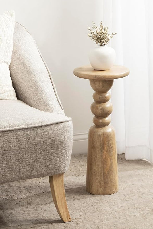 Kate and Laurel Tirollo Modern Round Drink Table; 10 x 10 x 22; Natural Wood; Living Room Accent Pedestal Table with Turned Base for Use as Indoor Plant Stand