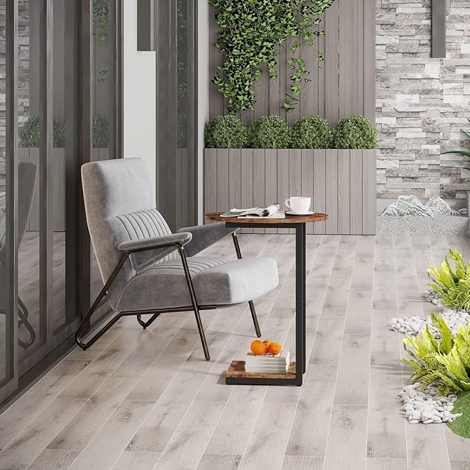 Hosfais Side Table Small End Table, C-Shaped Wood Sofa Table with Metal Frame for Living Room, Bedroom, Small Spaces (Rustic Brown)