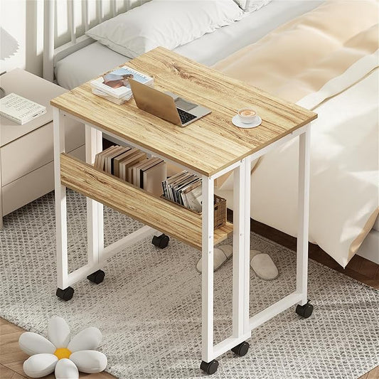 GreenForest Folding Desk Small Rolling Desk with Storage Shelf,31.5 inch Foldable Computer Desk with Wheels for Small Space, Easy Assembly,Oak