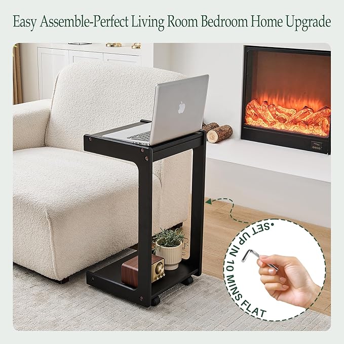 Wood Side Table for Couch - C Shaped Rolling End Table with Wheels, Wooden Modern Small Tv Tray Bedside Tables with Drawer for Sofa Armchair Living Room Bedroom, Black, 13 in x 14.4 in x 26 in