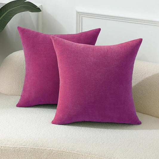 Hot Pink Cozy Soft Couch Throw Pillow Covers Decorative Chenille Square Cushion Cases for Sofa Living Room Decor, Set of 2, 18 x 18 Inches