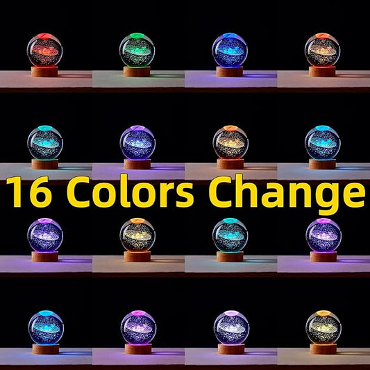 Solar System Crystal Ball Lamp with LED Wooden Base, 16 Colors Change & Remote Control Galaxy Crystal Ball Night Light, Upgraded 3.15 Inch Glass Light, Planet Gift for Kids Wife (Solar System)