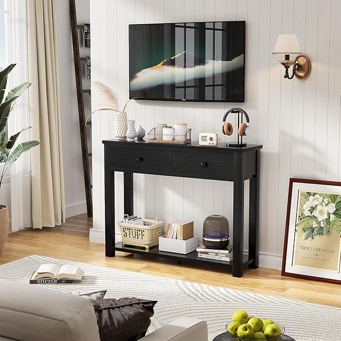 Homieasy Farmhouse Console Table with 2 Drawers, 32 Inch Small Sofa Table with Storage Shelf for Living Room, Behind Couch, Entryway Table for Hallway, Living Room, or Foyer, Black