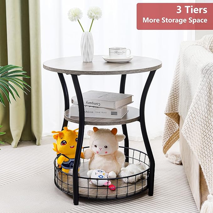 Small Side Table Round End Table with Storage Shelves Basket, 3-Tier Accent Corner Sofa Couch Side Tables Coffee Drink Table for Small Spaces,Round Nightstand for Living Room, Bedroom, Greige