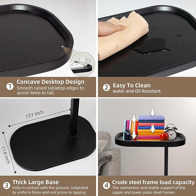 Aoligrace 360°Swivel C Shaped End Table, Adjustable Height TV Tray Table for Couch Sofa Bed, Black Small Side Table for Small Spaces Living Room Bedroom