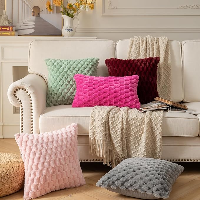 MANDIOO Pack of 2 Hot Pink Super Soft Plush Fluffy Decorative Throw Pillow Covers 22x22 inch Faux Fur Wool Velvet Cushion Covers Pillow Cases Couch Sofa Bed Living Room