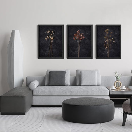 arfitest Vintage Flower Wall Art Dark Moody Wildflower Wall Decoration Minimalist Wildflower Frame Wall Decoration 12''x16'' Inch Set of 3 Black Photo Frames