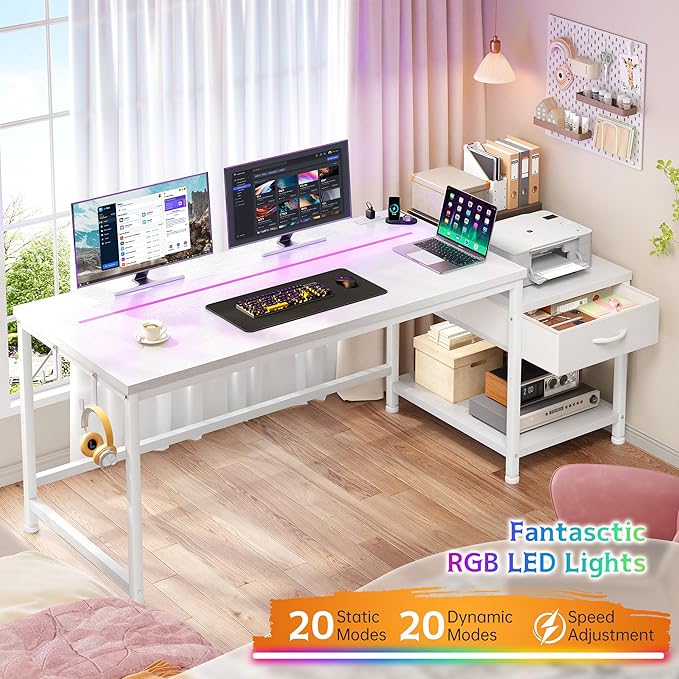 Computer Desk with Printer Shelf & Storage Shelves,48.1 Inch Gaming Desk with LED Lights & Power Outlet,Office Desk with Headphone Hook,Reversible Corner Desk for Small Space,White