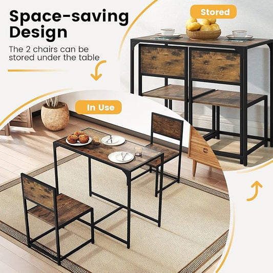 COSTWAY Small Dining Table for 2, Industrial Table and Chairs Set w/Metal Frame, Wood Grain Surface, 3-Piece Dinette Set, Space-Saving Kitchen Table Set for Small Place, Apartment, Home (Rustic Brown)