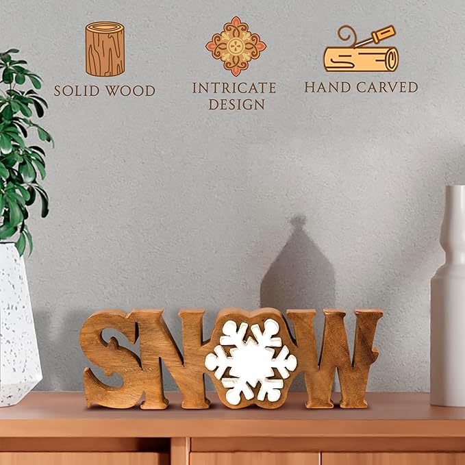 Decozen Living Room Decor: Handcrafted Snow Sign Letters Centerpiece - Bedroom, Indoor Coffee Table, House, Dining Room, Farmhouse & Kitchen Decor, Housewarming Gifts and Accessories - Solid Wood