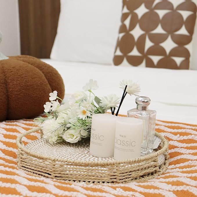 GYASVWU Round Decorative Serving Tray with Handles, Paper Rope Woven Tray for Coffee Table, Rattan Serving Tray for Ottoman, Dining Table Trays, Wicker Trays for Kitchen/Living Room/Bedroom (Beige)