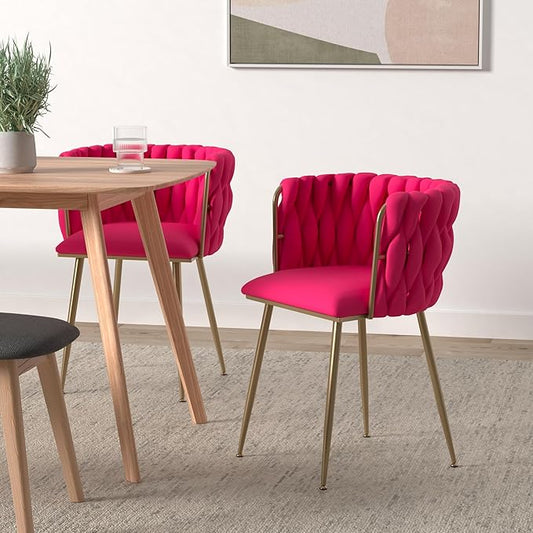 NIOIIKIT Modern Velvet Dining Chairs Hand Weaving Accent Chairs Living Room Chairs Upholstered Side Chair with Golden Metal Legs for Dining Room Kitchen Vanity Living Room (Rosered)
