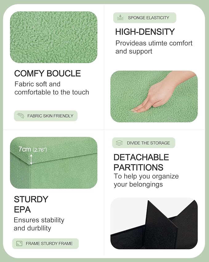 B FSOBEIIALEO Small Storage Ottoman Cube Sherpa Ottomans Foot Rest, Foldable Boucle Ottoman Bench, Faux Teddy Fur, Green 43.3"x15"x15"