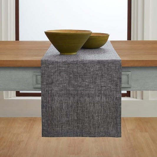 Solino Home Linen Table Runner 144 Inches Long - Athena, 100% Pure Linen Chambray Black Dining Table Runner 14 x 144 Inch for Halloween, Thanksgiving