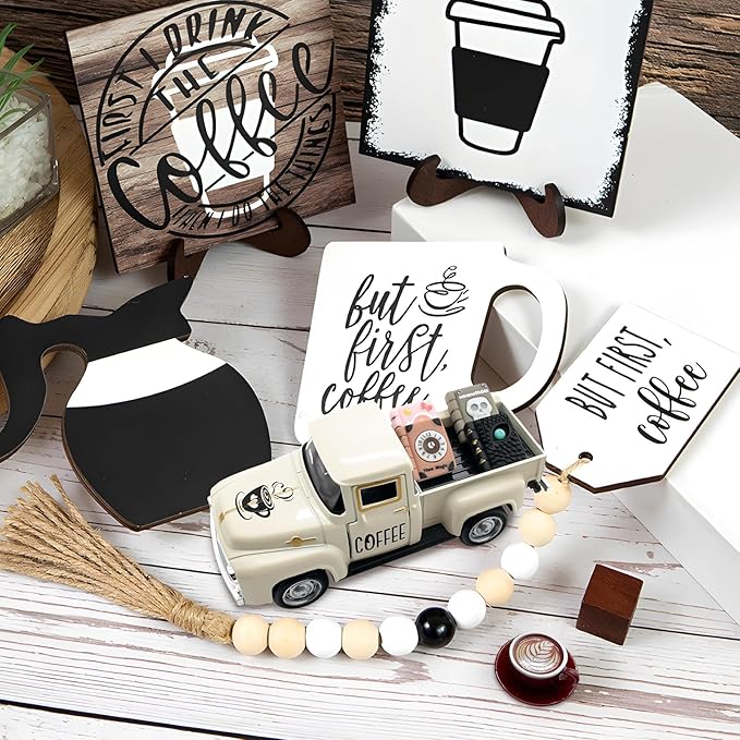 Coffee Decor for Coffee Bar Vintage Truck Decor with Books and Coffee Signs for Coffee Station Farmhouse Kitchen Decor Coffee Bar Accessories Tiered Tray Decor Coffee Table Centerpiece for Home, Cream