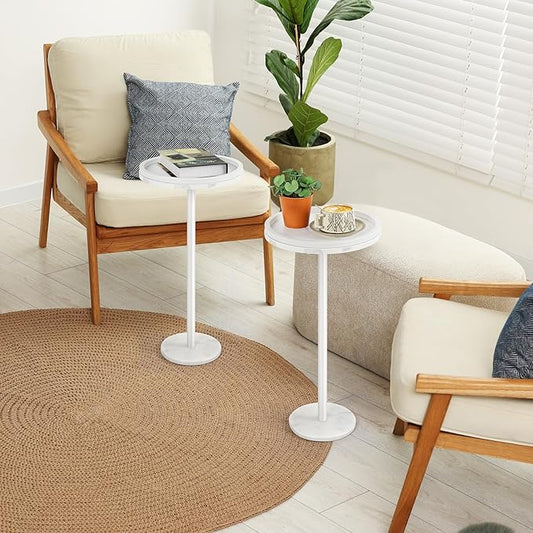 smusei 2 Pack Small Round Side Table Drink Table with Marble Base Pedestal Table for Small Spaces Round End Table with Anti-Fall Guard for Living Room Bedroom Home Decor, White