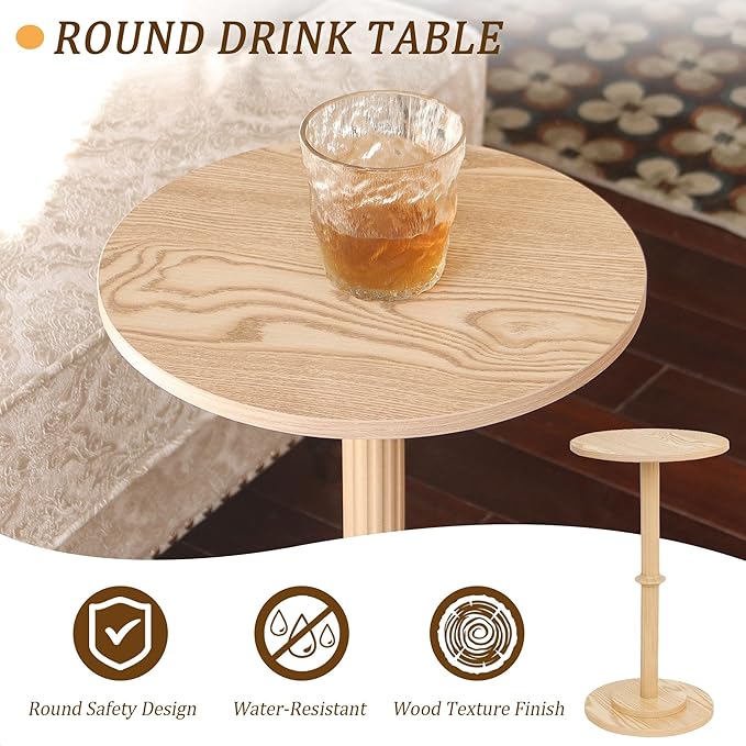 MaxSmeo Drink Table, Small Side Table for Small Spaces, Modern Round End Table with Fluted Wood Leg, Natural