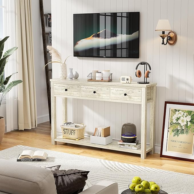 Homieasy Farmhouse Console Table with 3 Drawers, 47 Inch Wood Sofa Table with Storage Shelf for Living Room, Behind Couch, Entryway Table for Hallway, Living Room, or Foyer, Light Rustic Oak