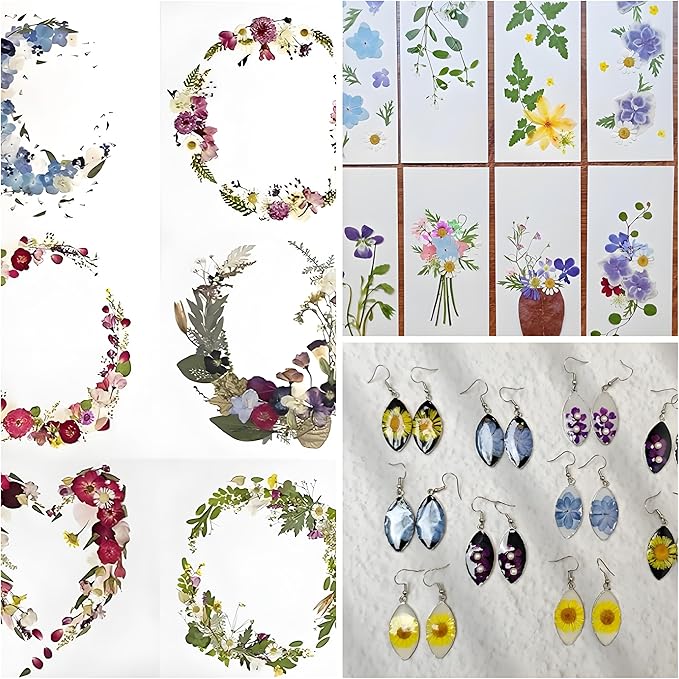 140Pcs Dried Pressed Flowers, Natural Dried Flowers Bulk with Dried Leaves for Resin, Mixed Color Dried Flowers for DIY Crafts, Epoxy Resin, Candle Making, Jewelry, Floral DIY Art, DIY Supplies Kits
