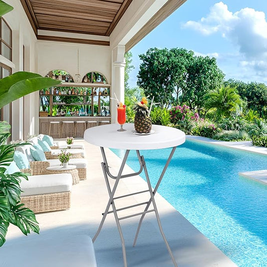 28in Cocktail Table White High Top Folding, Round Portable Bar Height Folding Table with Removable Legs, Indoor Outdoor Banquet for Parties, Commercial, Speech, School