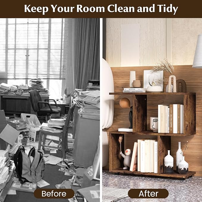 Giantex 3-Tier Geometric Bookshelf Set of 2, 24" Tall Wood S-Shaped Display Shelves with Thick Foot Pads, Freestanding Open Shelves Nightstand, Floor Standing Display Shelf Bookcase, Brown