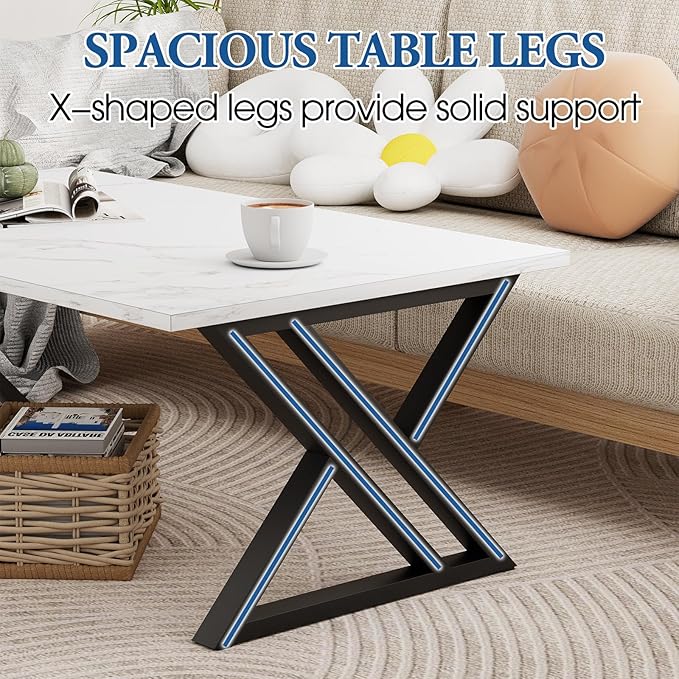 Coffee Table White Living Room Center Table, Simple Modern Faux Marble Rectangular Tea Table with Sturdy Black Metal Frame,Industrial Wooden Coffee Table for Bedroom Home Office