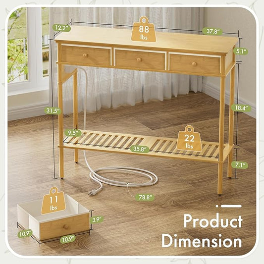 Entryway Table Sofa Console Table, Bamboo Small Entry Way Table with Drawers Storage and Power Outlets for Living Room, Hallway, Foyer, Entrance
