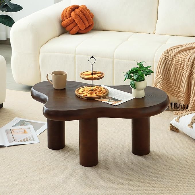 34"(L) Cloud Coffee Table, Modern Wood Coffee Table for Living Room, Accent Unique Center Tables with 3 Legs, Small Tea Tables for Balcony, Patio, Bedroom, Walnut