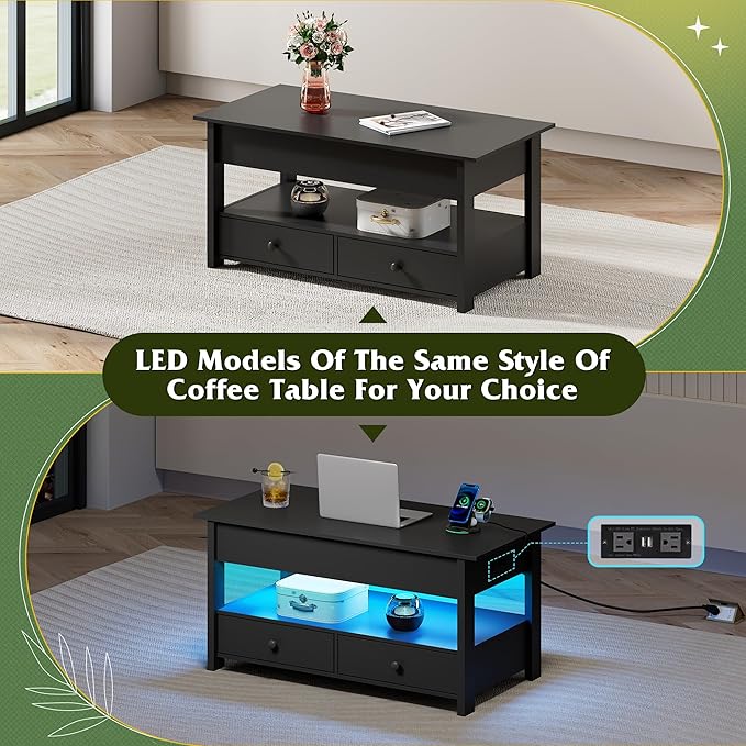 WLIVE Coffee Table, Lift Top Coffee Table with 2 Drawers, LED Light, Large Hidden Compartment and Open Shelf, Lift Tabletop, Dining Table for Living Room, Black