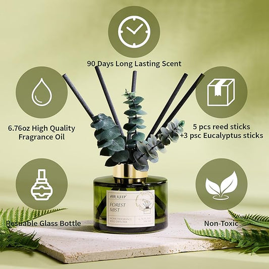 Airkeep Reed Diffuser Set with 6.76 fl oz Forest Mist Scent Essential Oils and 3 Leaves & 8 Diffuser Sticks,Bathroom Shelf Decor & Air Freshener, House Bedroom Office Decor & Gifts