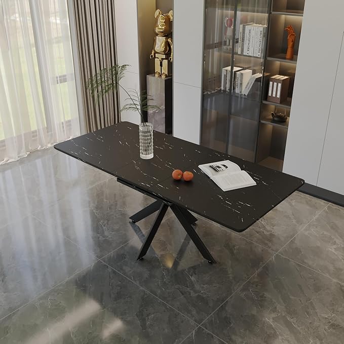 Marble Dining Table for 4-8, 62.4''-78.15'' Extendable Dining Table, Modern Kitchen Table, Space Saving Rectangular Table for Office and Dining Room(Black)