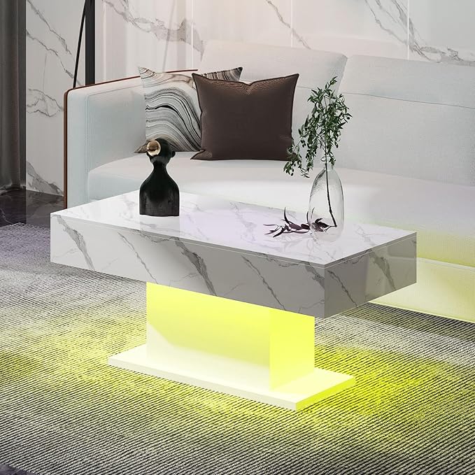 Led Coffee Table for Living Room, Living Room Table Rectangular Center Table, Modern High Glossy Wooden Coffee Tables with 16 Colors LED Lights for Dining Reception Room, White Marble