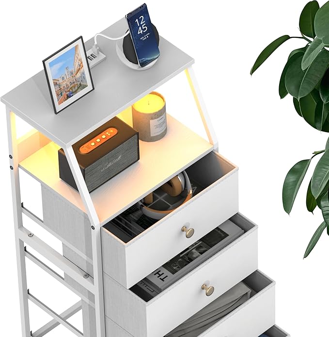 Tohomeor Dresser with Fabric Drawers Nightstand with 2 Tier Shelf Storage Tower for Bedroom Hallway Entryway Closet Organizer Sofa Beside Table Furniture (White, 4 Drawers)