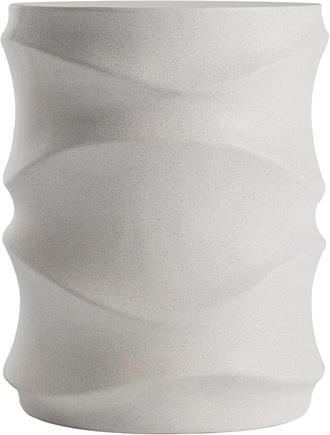 HOMPUS Outdoor Side Table, Patio End Table w Water Wave, Unique MgO Round Lightweight Concrete Accent Table, Modern Vintage Plant Stand Garden Tool for Indoor Outdoor Use, Warm White