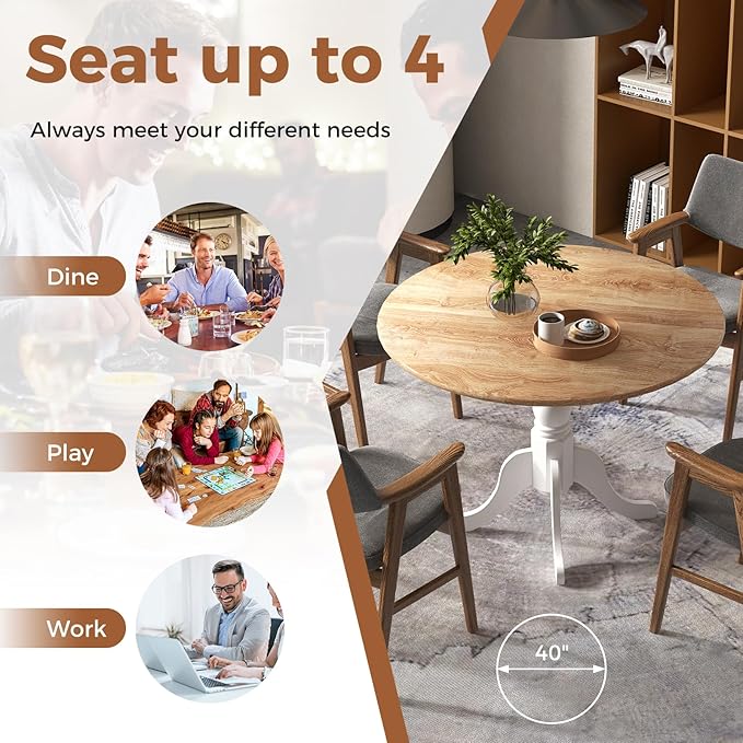 Giantex Round Dining Table, 39" D X 29" H, Rubber Wood Pedestal Table W/Round Tabletop & Curved Trestle Legs, 4-Person Dinner Table for Kitchen, Dining Room, Restaurant (Natural & White)