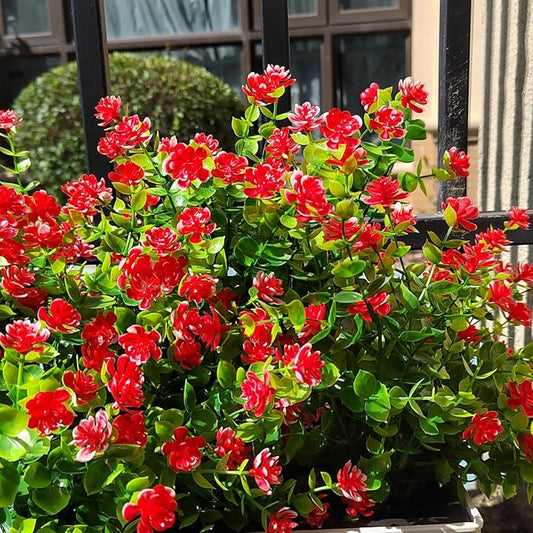 12 Bundles Artificial Flowers for Outdoors, UV Resistant Fake Flowers with Plastic Plants, Faux Flowers for Outside Window Box Front Porch Hanging Planter Decor (Red)
