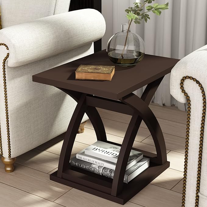 ChooChoo End Side Table Set of 2, Modern End Table with Storage Shelf, X-Design Side Table Living Room (Espresso)