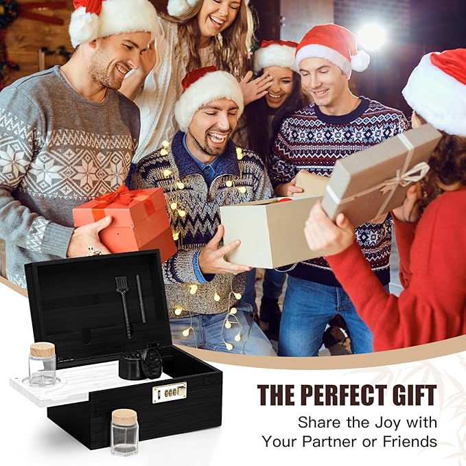 Large bamboo box, locked storage decorative box with combination lock, wooden lock box with lid, wooden locked storage box with removable tray and jars(Black&White)