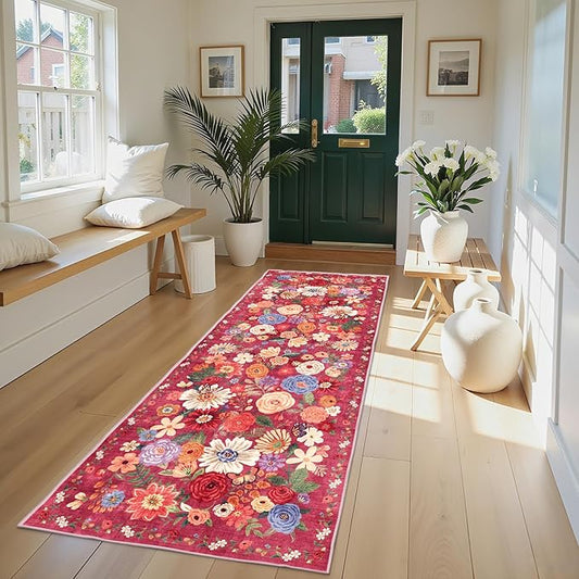 Rug for Hallways Kitchen Rug 2x8, Non Slip Washable Rugs with Rubber Backing Soft Floral Carpet Runner for Hallways, Kitchen, Laundry, Bedroom, Bathroom(2 x 8, Red Garden)