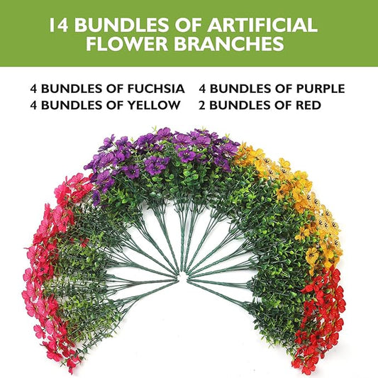 14 Bundles Artificial Flowers UV Resistant for Patio Outdoors Fake Faux Silk Plants Realistic Plastic Flowers Indoors Porch Window Home Decoration (14, Mixed Fuchsia Purple Yellow Red)