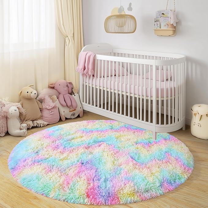 Round Fluffy Rugs 6Ft for Girls Bedroom, Rainbow Shag Circle Kids Rug Non-Slip for Bedside Dorm Nursery Playroom, Soft Cute Area Rugs for Living Room Decor