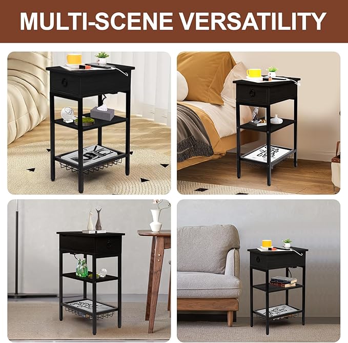 Small Black Side Table Charging Station for Bedroom, Narrow Black Living Room End Tables with Storage, Skinny USB Nightstand with Outlet, Gaming Coffee Table for Couch with USB Ports