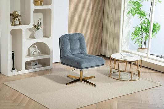 ZOBIDO Modern Accent Corduroy Chairs Comfy Upholstered Vanity Chairs for Bedroom Armchair Dining Chairs with Golden Metal Legs Desk Chair for Living Room(Blue