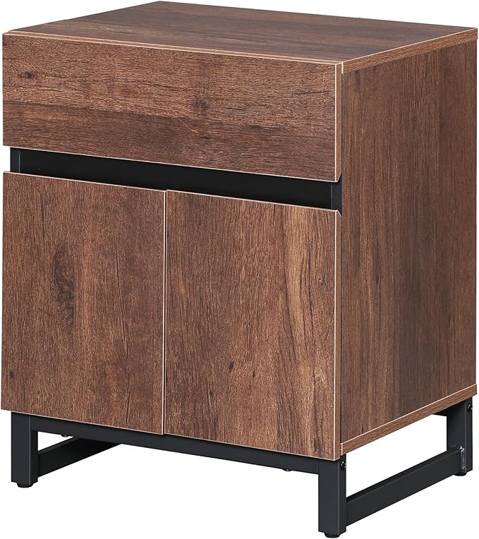 WAMPAT Modern End Table with 1 Drawer & 1 Storage Cabinet, Farmhouse Sofa Table with 2 Open Door, Wood Rustic Side End Table for Living Room, Nighstand for Bedroom, Brown