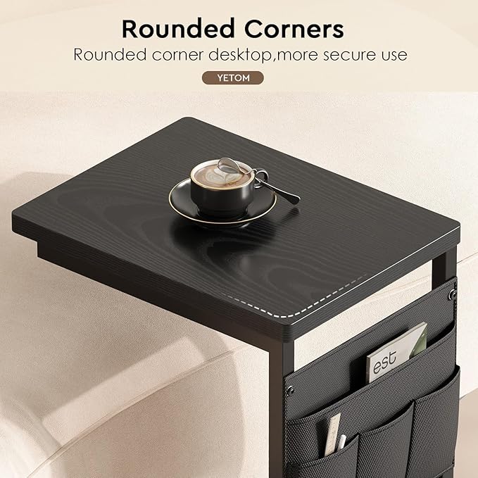 Side Table,C Table with 2-Tier Storage Shelf, End Table with a Storage Bag, Sofa Table with Wheels for Living Room, Bedroom, Office, Bathroom, Black