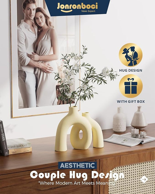 Hug Donut Decorative Vase Set - Beige Vase, Modern Nordic Boho Style Vases Home Decor, Matte Ceramic Decorations for Living Room Shelf, Bookshelf Mantle Entryway Table or Console Décor (Beige)