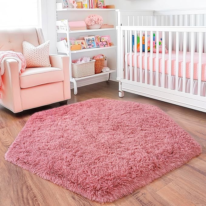 4x4.6 Feet Blush Hexagon Rugs for Princess Tent, Ultra Soft Fluffy Hexagon Area Rug for Bedroom, Cute Shag Rugs for Girls Room, Fuzzy Plush Carpet for Kids Room Tent Castle Home Decor